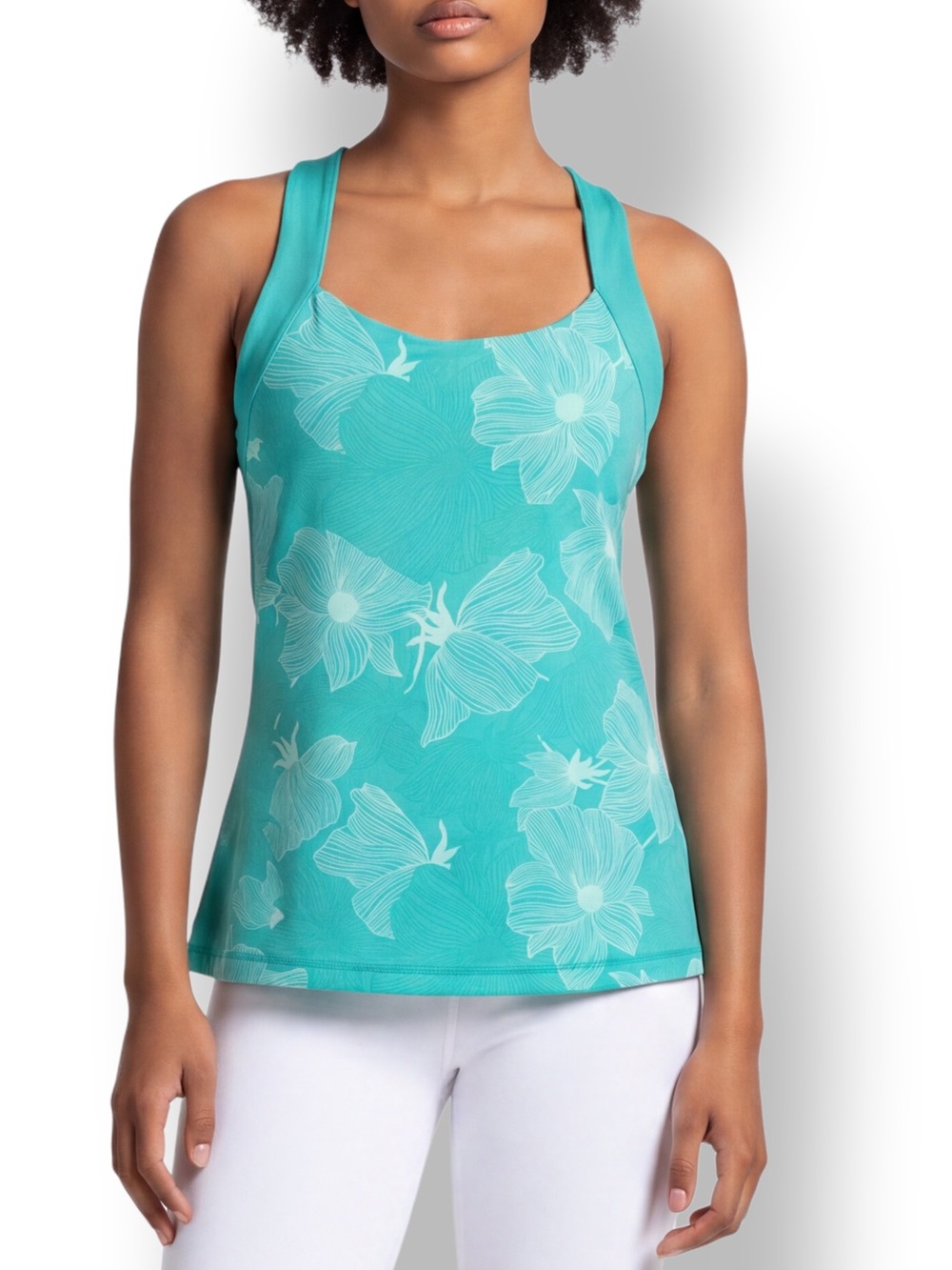 4/$20 Lucy Powermax Teal Floral Crossback Athletic Tank Top Built In Bra M